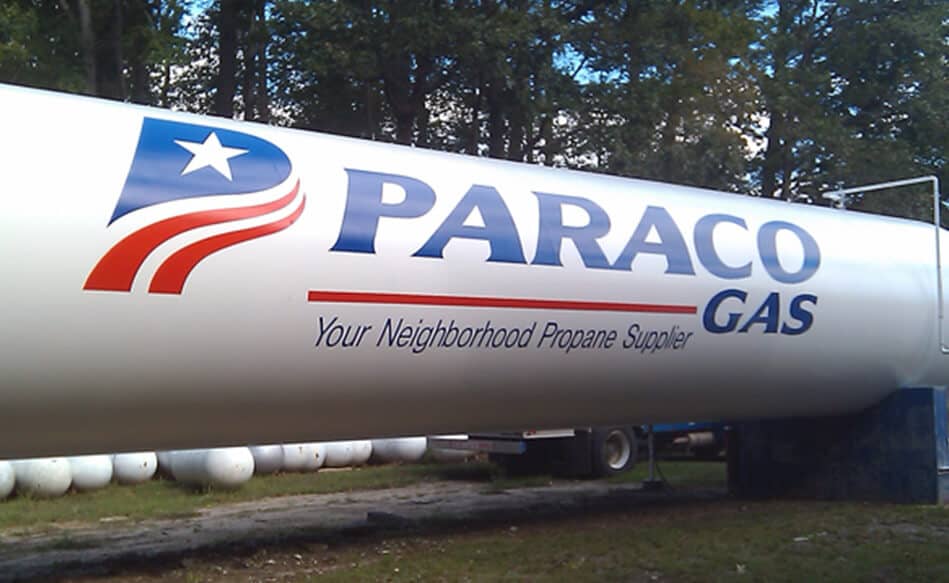 Graphics and lettering on gas storage tank for PARACO GAS