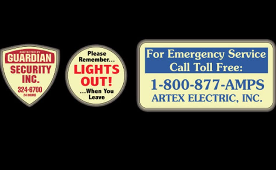 Various warning decals and labels shapes - Imprint name. logo, slogan. Great promotional item
