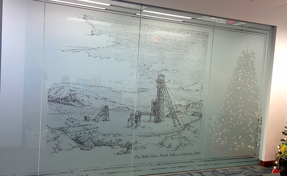 Etched film on office glass