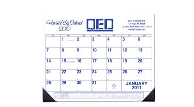 Calendar planner desk-style. Imprint name. logo, slogan. Great promotional item.