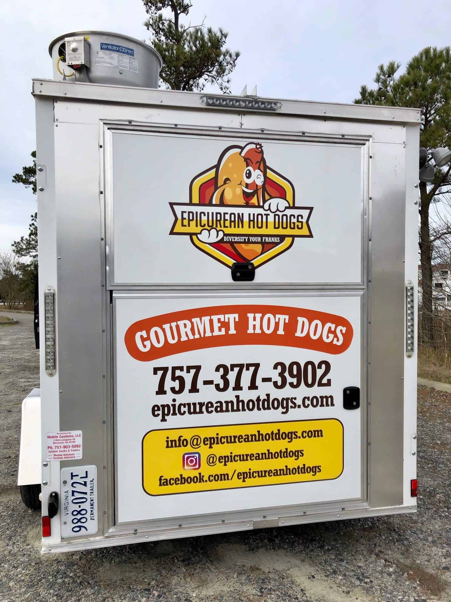 Food vendor truck and trailer wraps - Epicurean-Hot-Dogs food truck wrap (rear view)