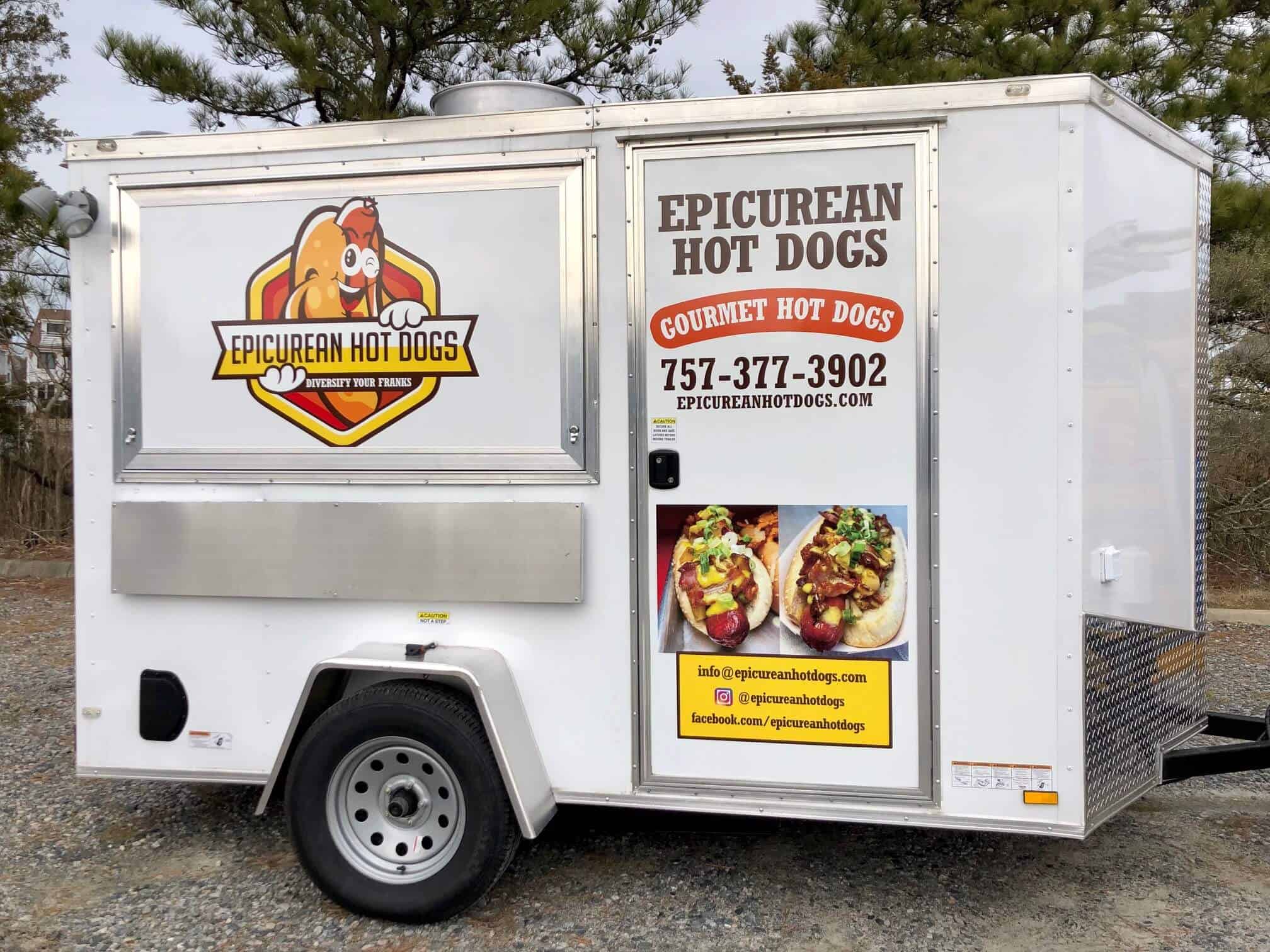 Food vendor truck and trailer wraps - Epicurean-Hot-Dogs food trailer wrap (side view)