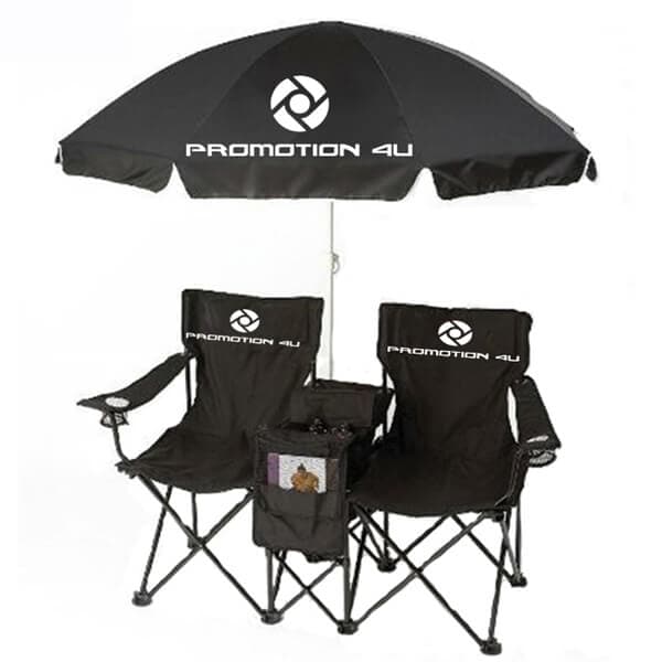 Foldable Duo Beach Chair Set with Umbrella. Imprint name, logo, and slogan.