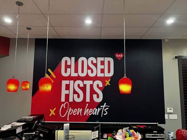 Kickboxing wall graphics for Closed Fists Open Hearts