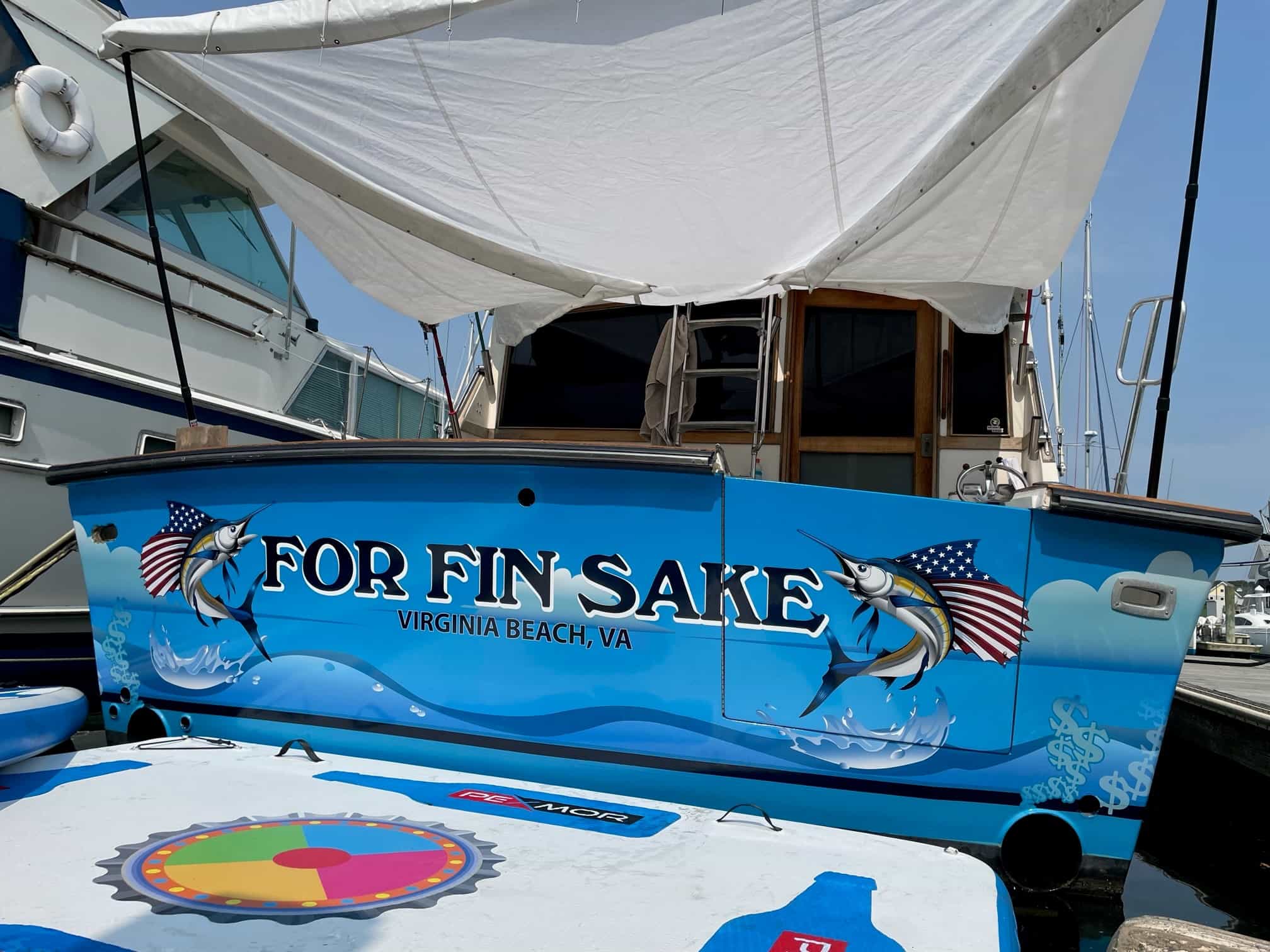 Boat wrap and lettering on stern - Lettering 'FOR FIN SAKE' and Marlin boat graphics
