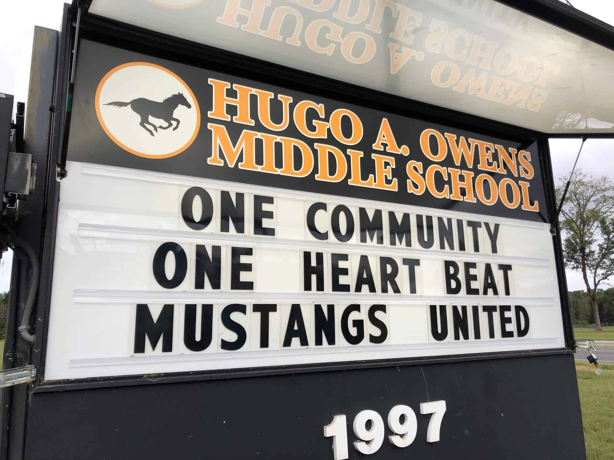 Plexiglas sign with changeable letters for Hugo A Owens Middle School