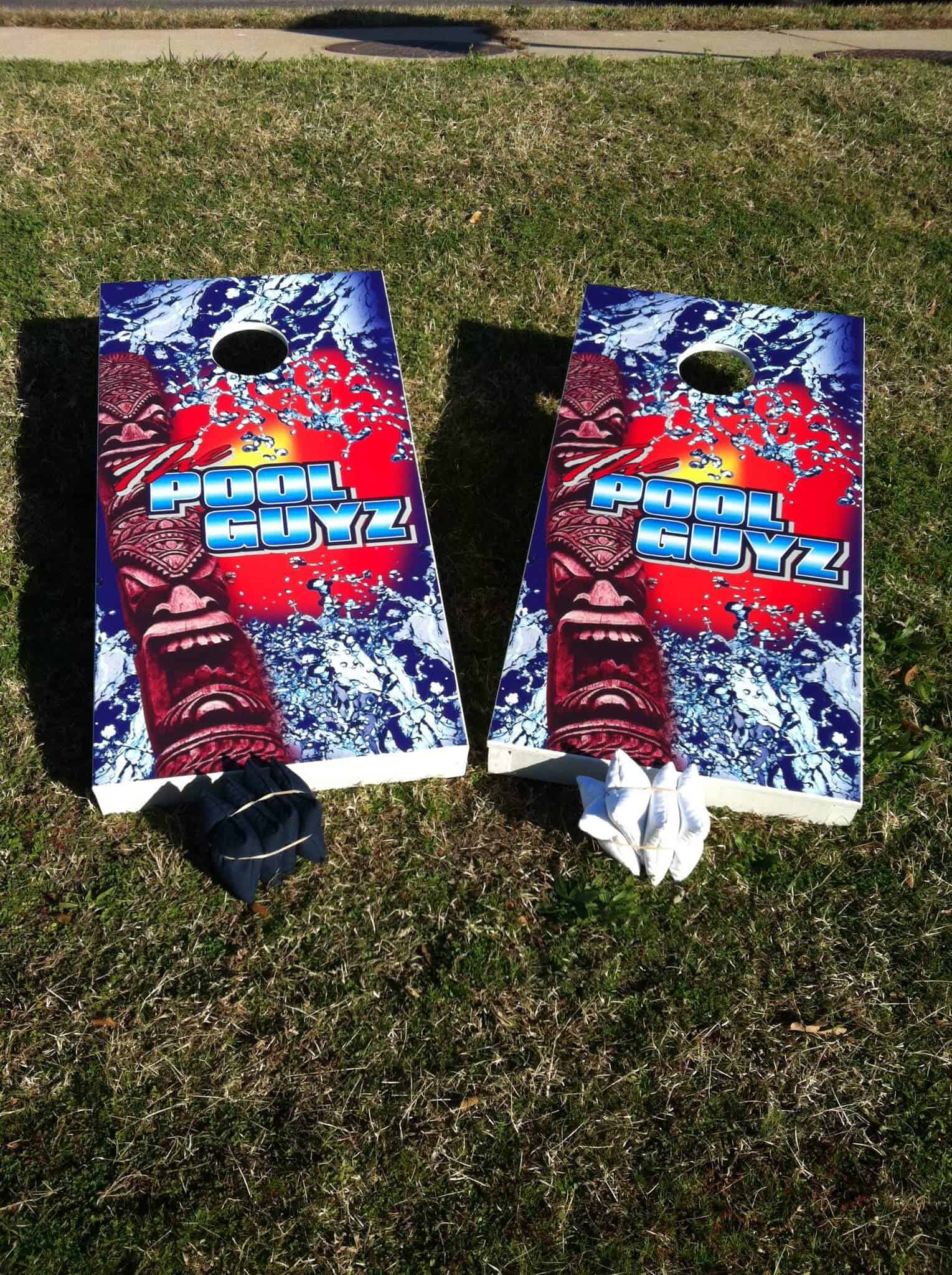 Custom cornhole boards from DeSigns, Inc. See the Pool Guys cornhole boards.