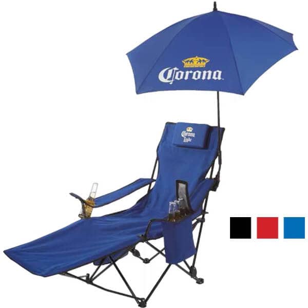 Outdoor Folding Recliner Beach Chair With Umbrella. Imprint name, logo, and slogan.