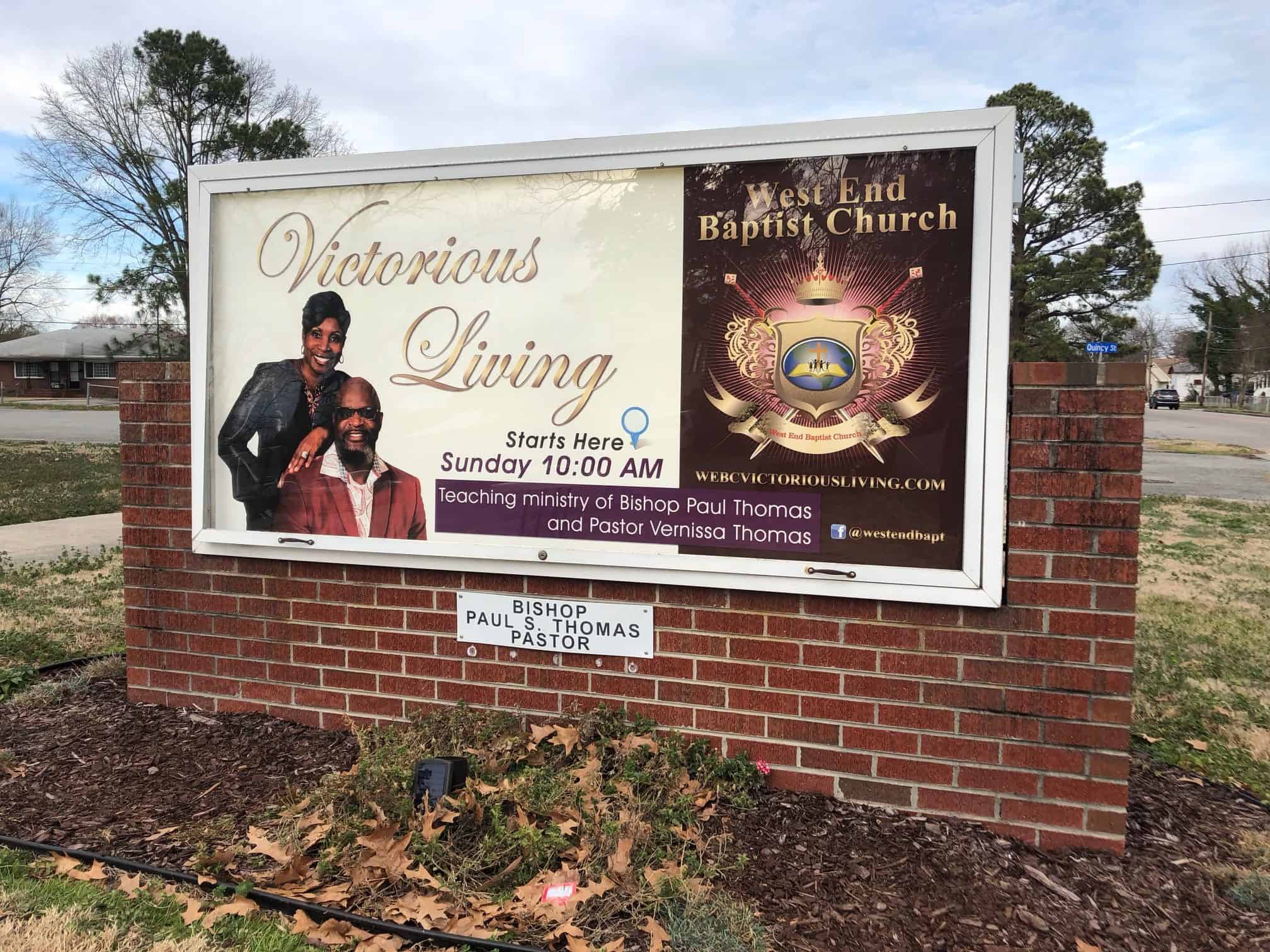Exterior church sign for West End Baptist