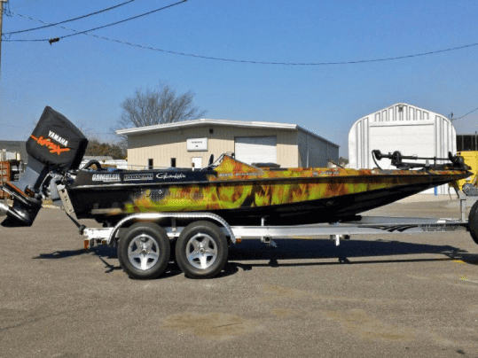 Camo style boat-graphics on boat hull