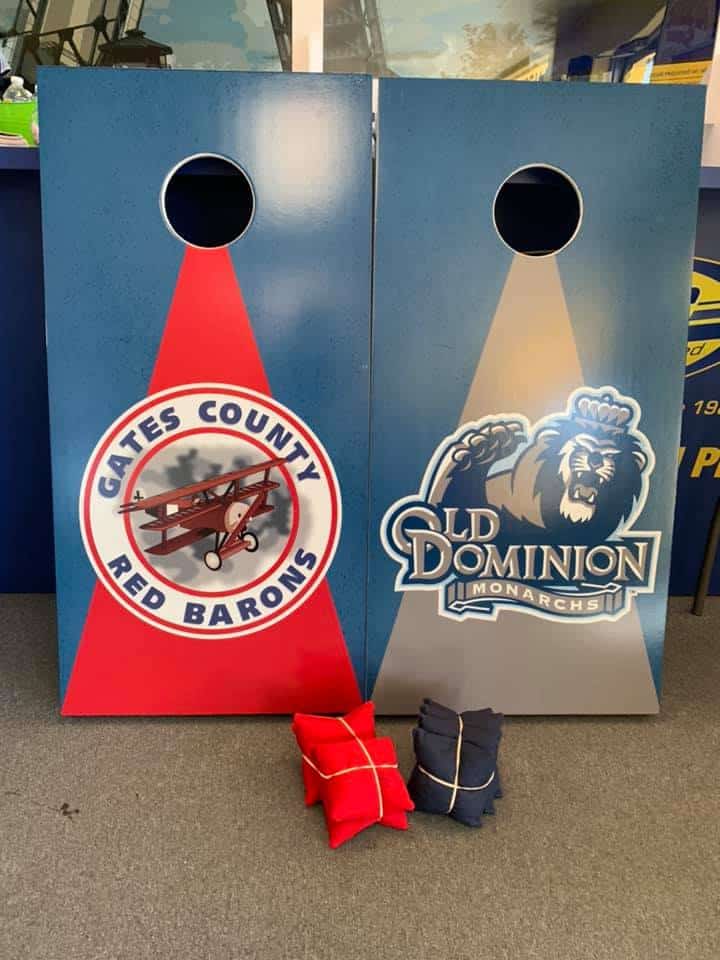 Cornhole boards. Imprint name. logo, slogan. Great promotional item.