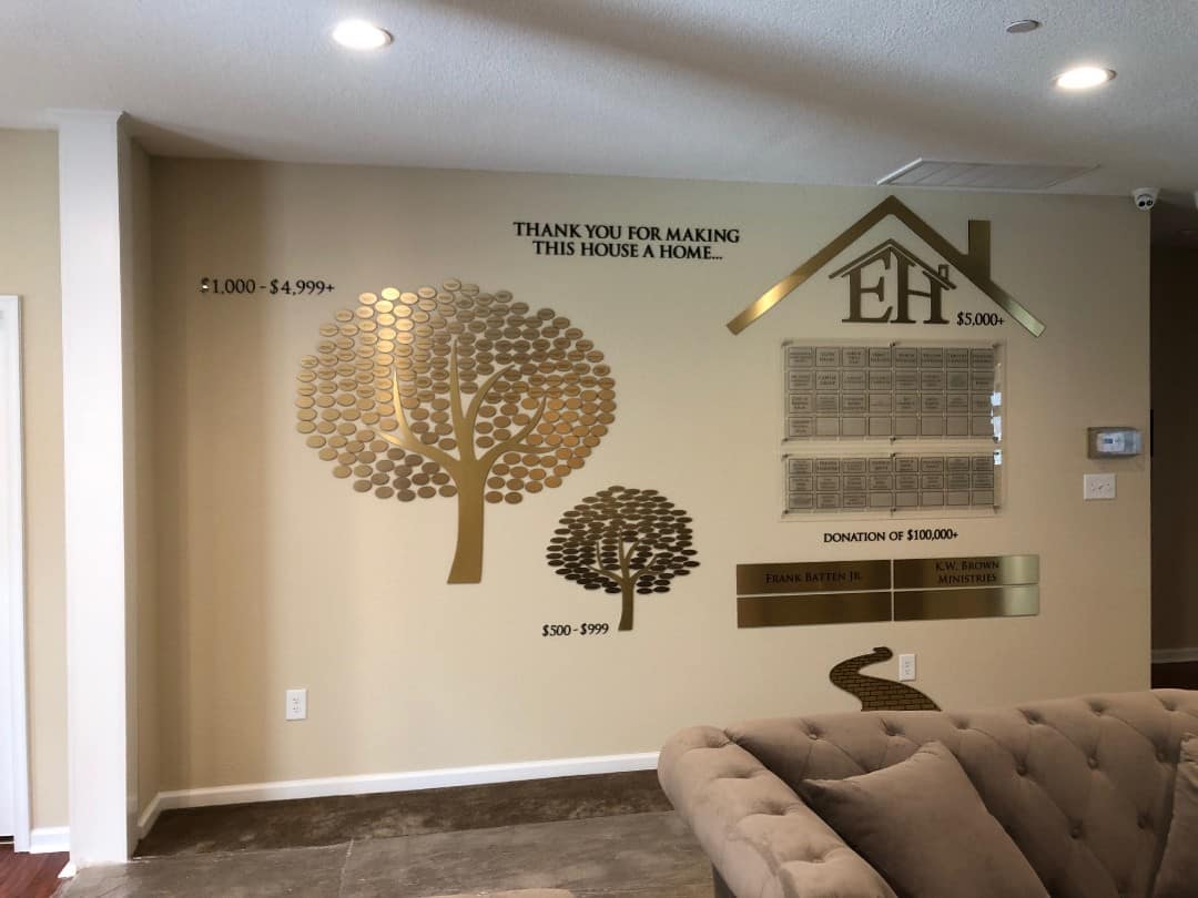 Wall plaques in brushes gold. See donation plaques for The Mount.