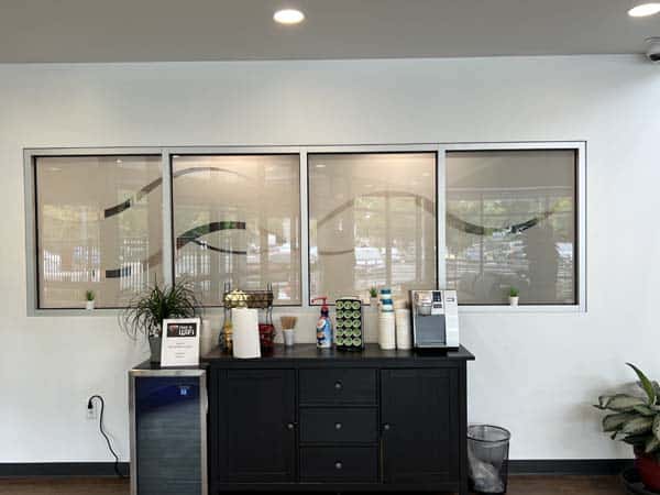 Etch wave film on glass for Veterinary Hospital. Offer privacy and looks great.
