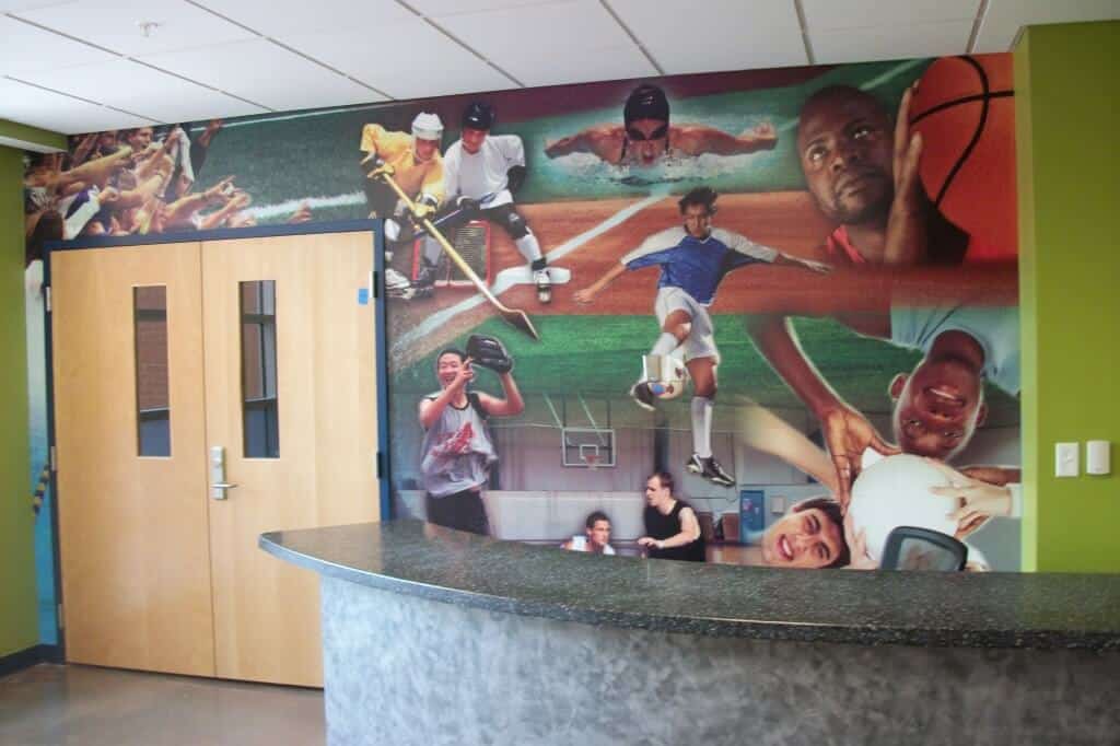 Fitness center wall art - We design and install art on Walls, Buildings, Glass, Floors and more.