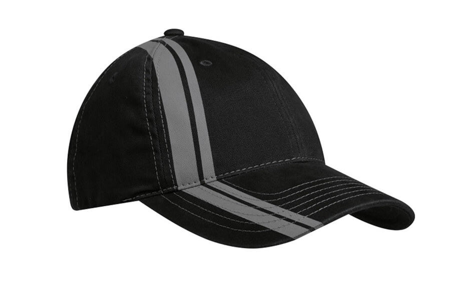 Race stripe hat. Screen print or Embroider name, logo, and slogan. Great promotional item for events and tradeshows.