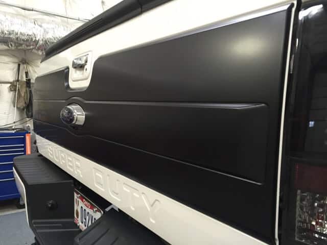 Matte black wrap rear tail-gate of Super Duty