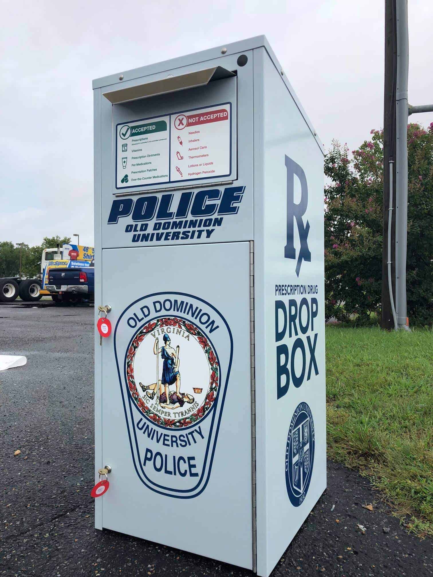Drop box wrap and graphics. Prescription drop box wrap for Old Dominion University Police
