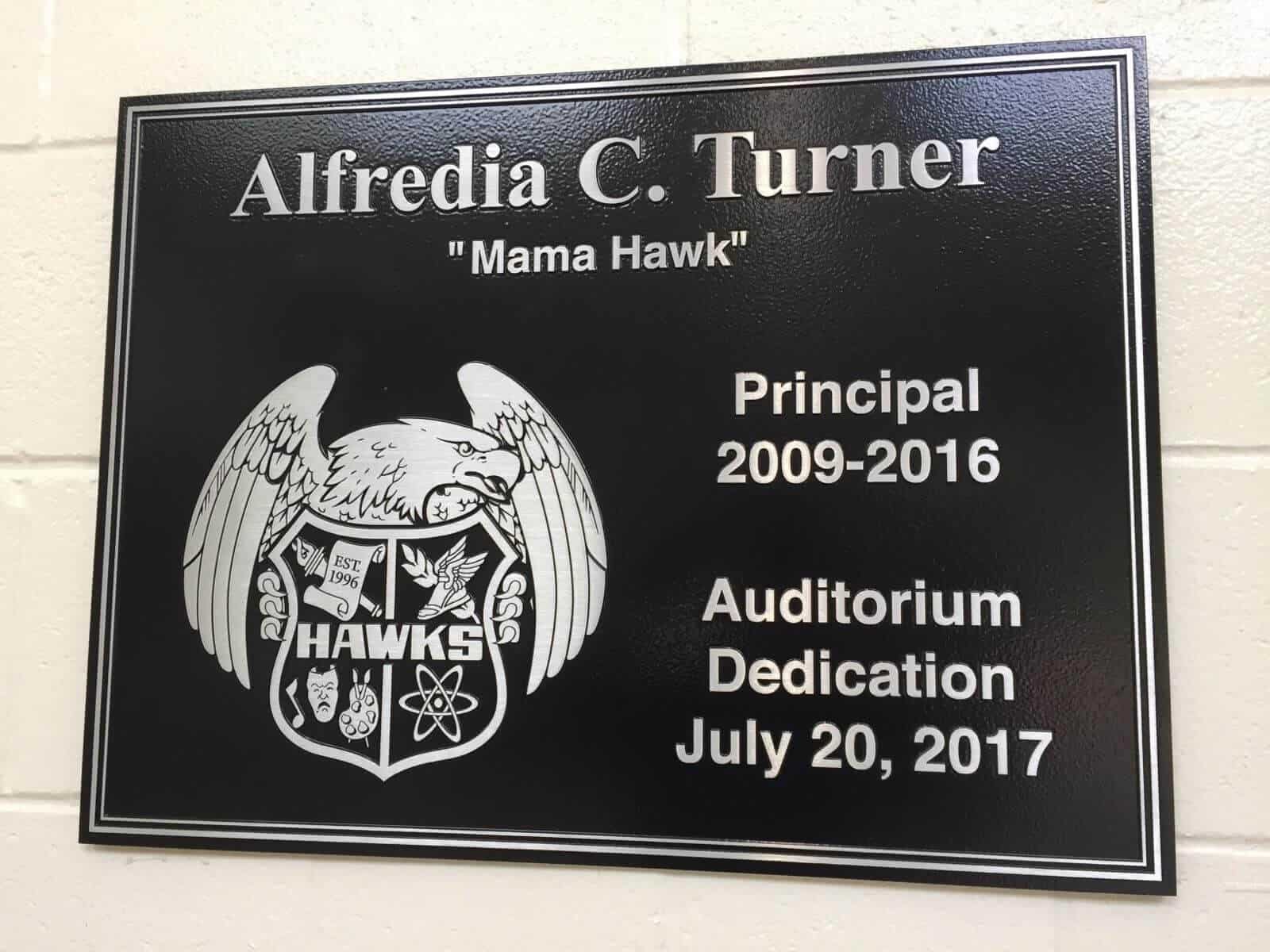Engraved sign, Engraved plaque sign on wall for Alfredia C. Turner