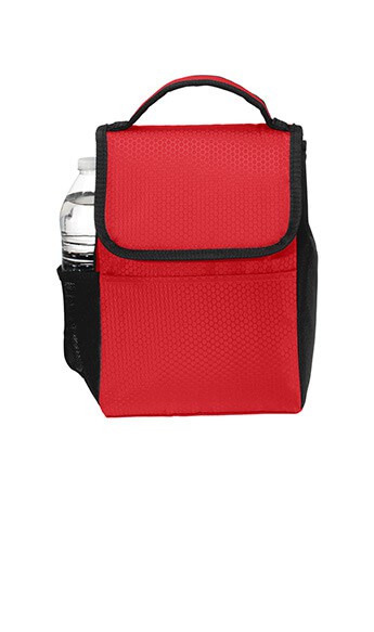 Red lunch bag with exterior stretch drink carry - Imprint your logo, company name or slogan