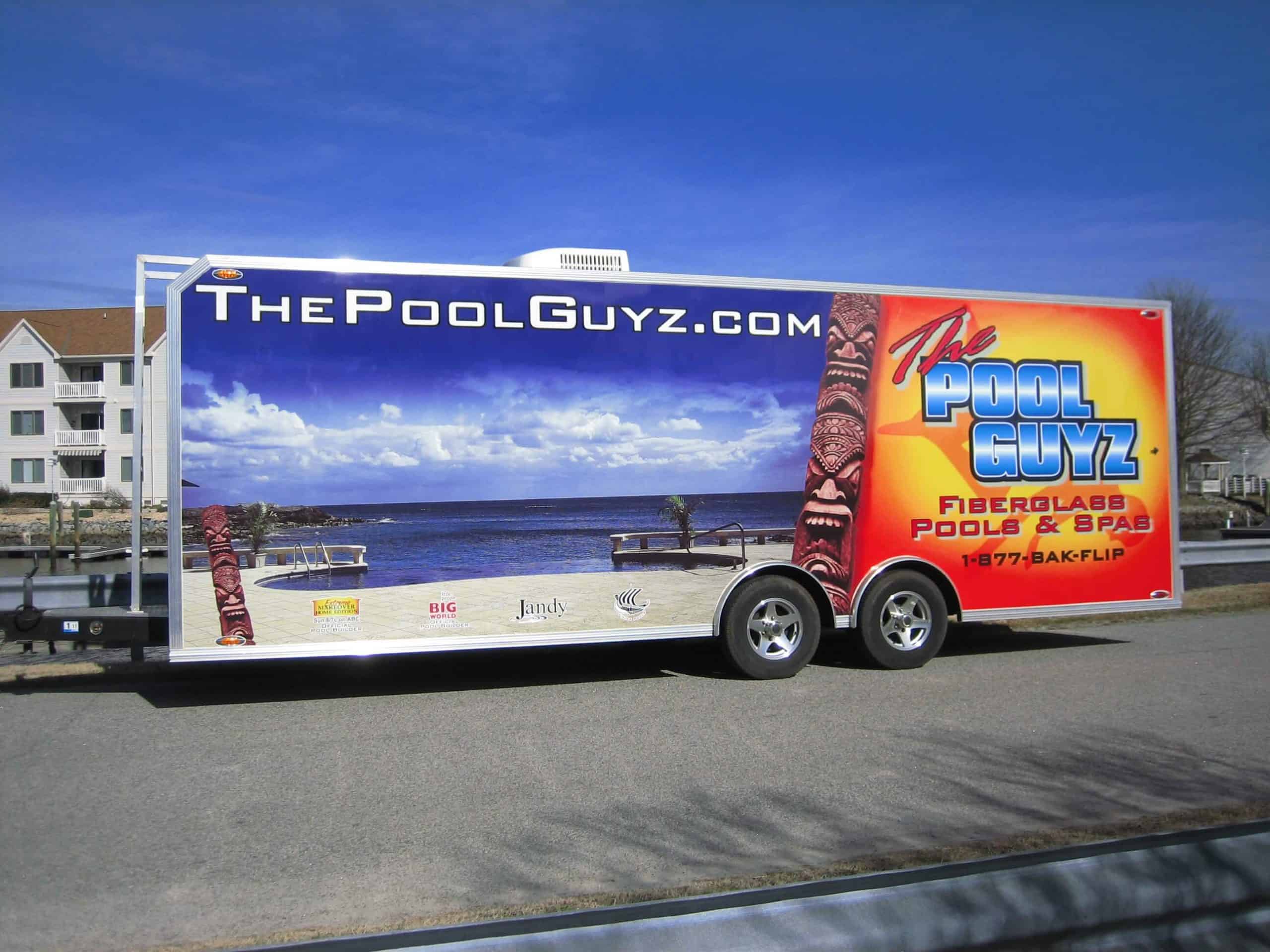 Large color graphics trailer wrap for the Pool Guyz