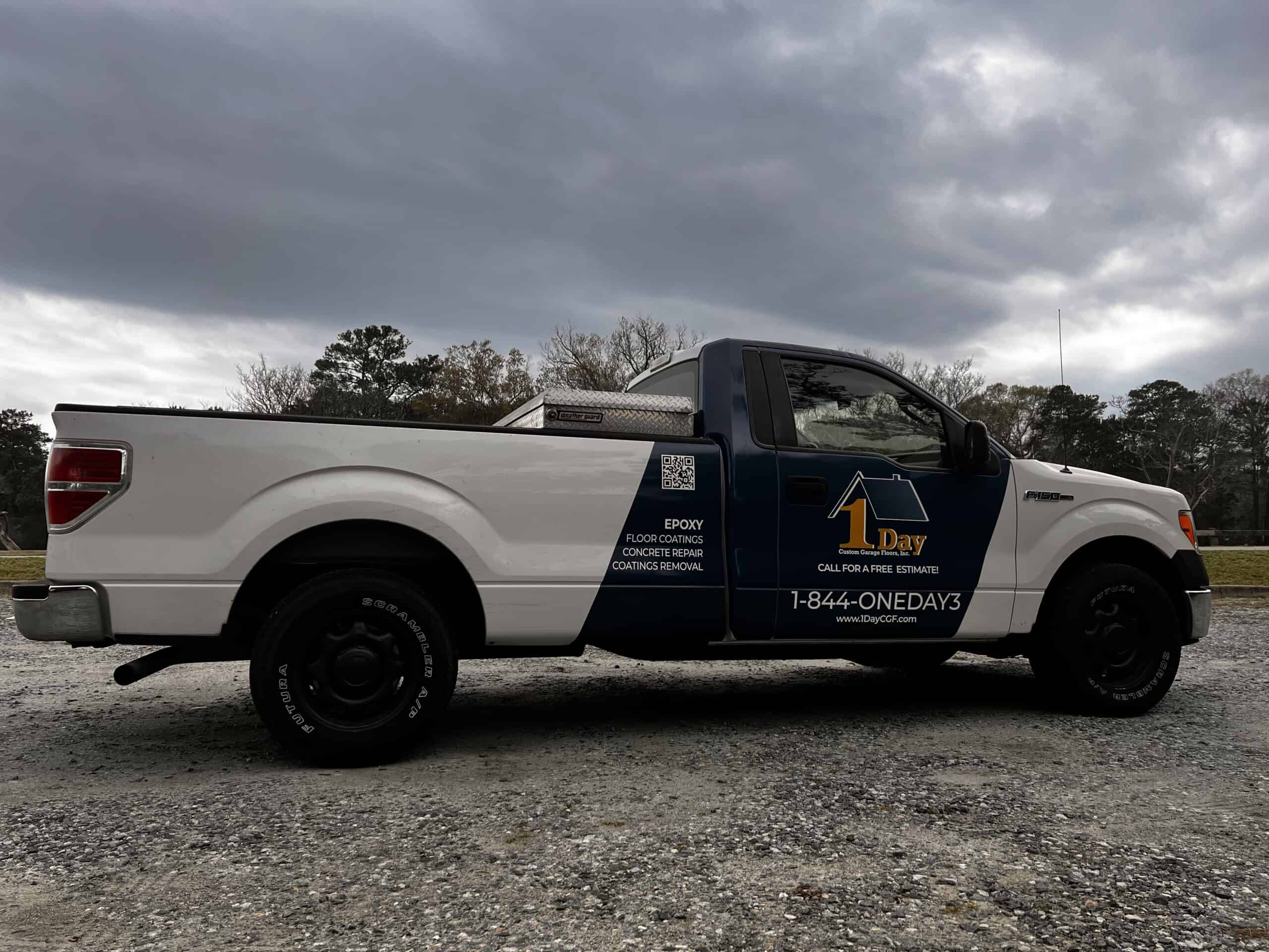 Vehicle wrap for 1 Day Garage Floors. Pickup truck wraps.