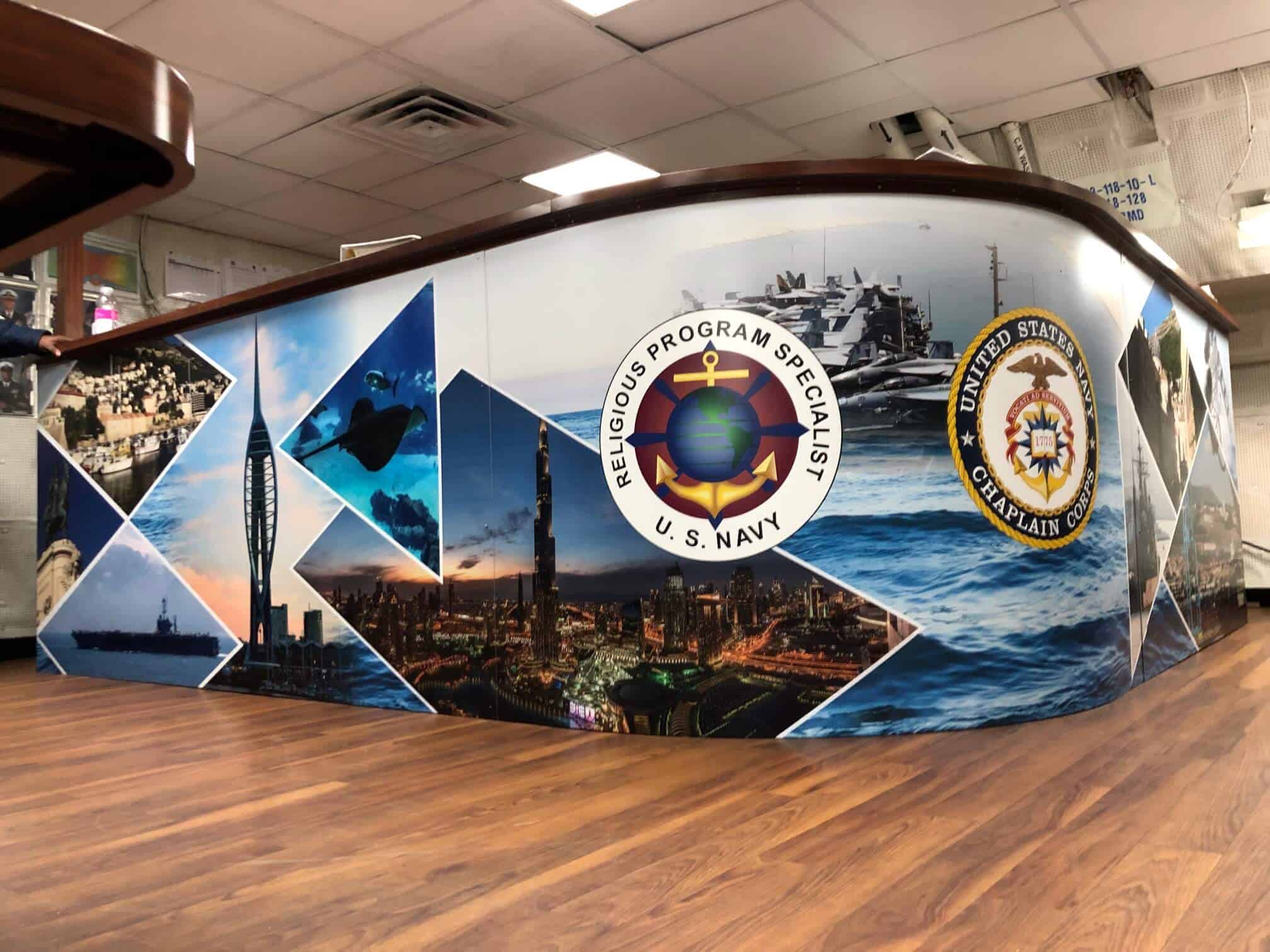 Curved counter wrap mural for USS Truman by DeSigns, Inc.